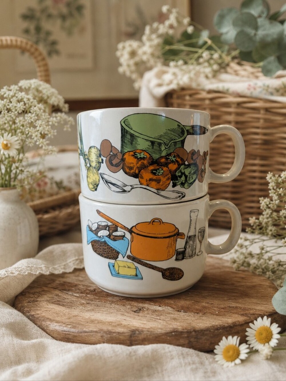 Vintage Japanese Kitchen Scene Soupe Mugs – Set of 2